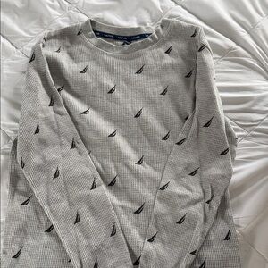 Nautica Gray Long Sleeve Tee with Black Sailboat Pattern